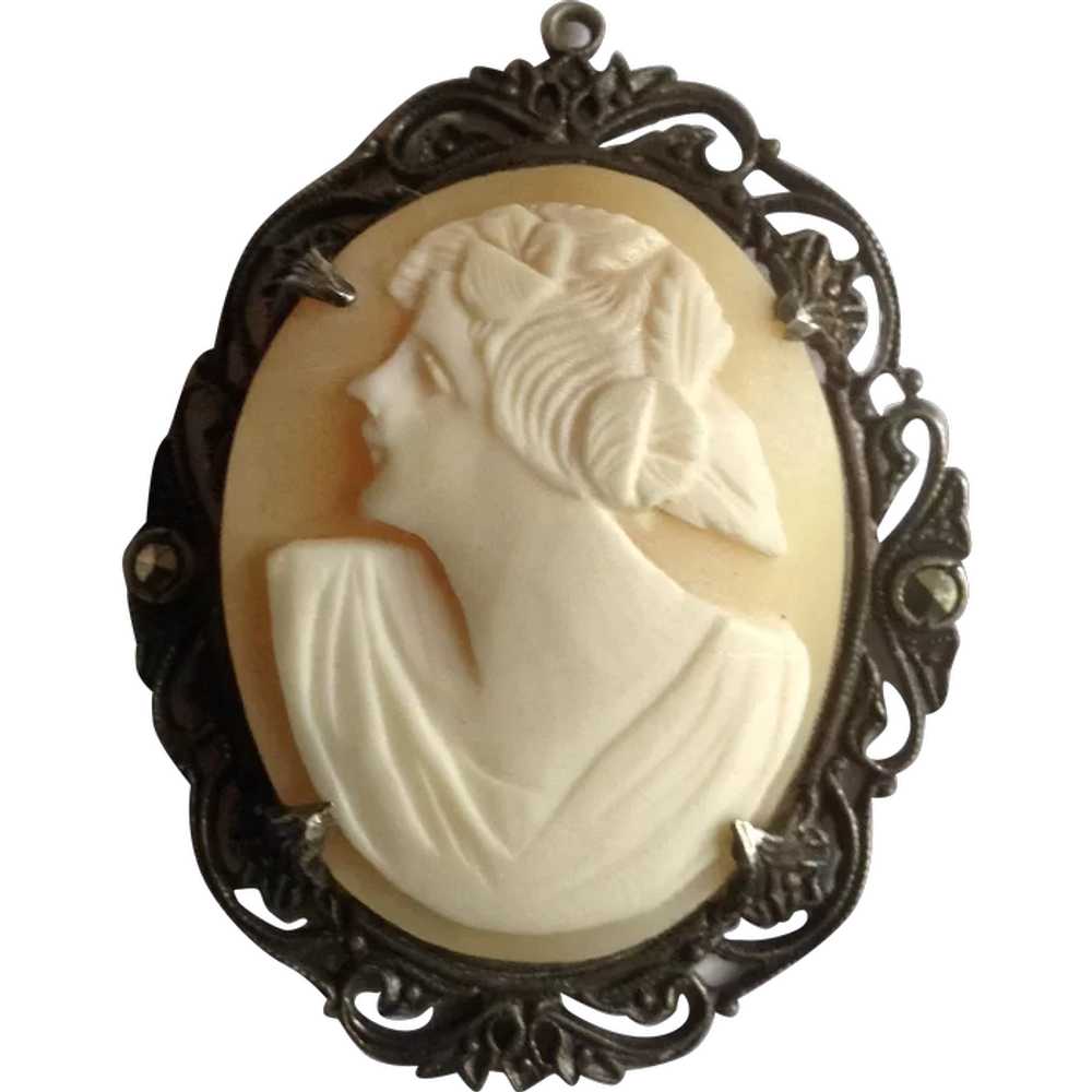 Vintage Cameo Woman On Sterling Silver Setting wi… - image 1