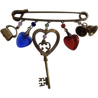 Old Time Looking Safety Pin Charm Brooch Costume … - image 1