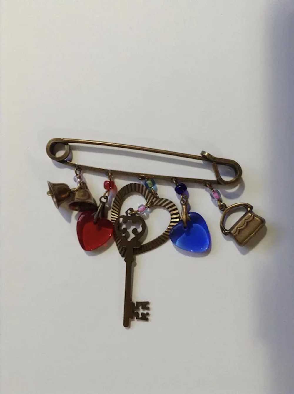 Old Time Looking Safety Pin Charm Brooch Costume … - image 2