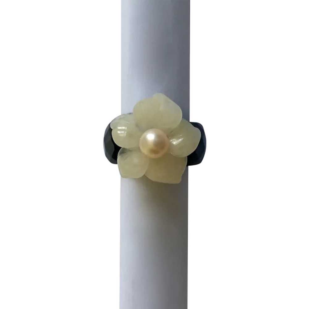 Pearl on Carved Glass Flower and Black Glass Ring… - image 1
