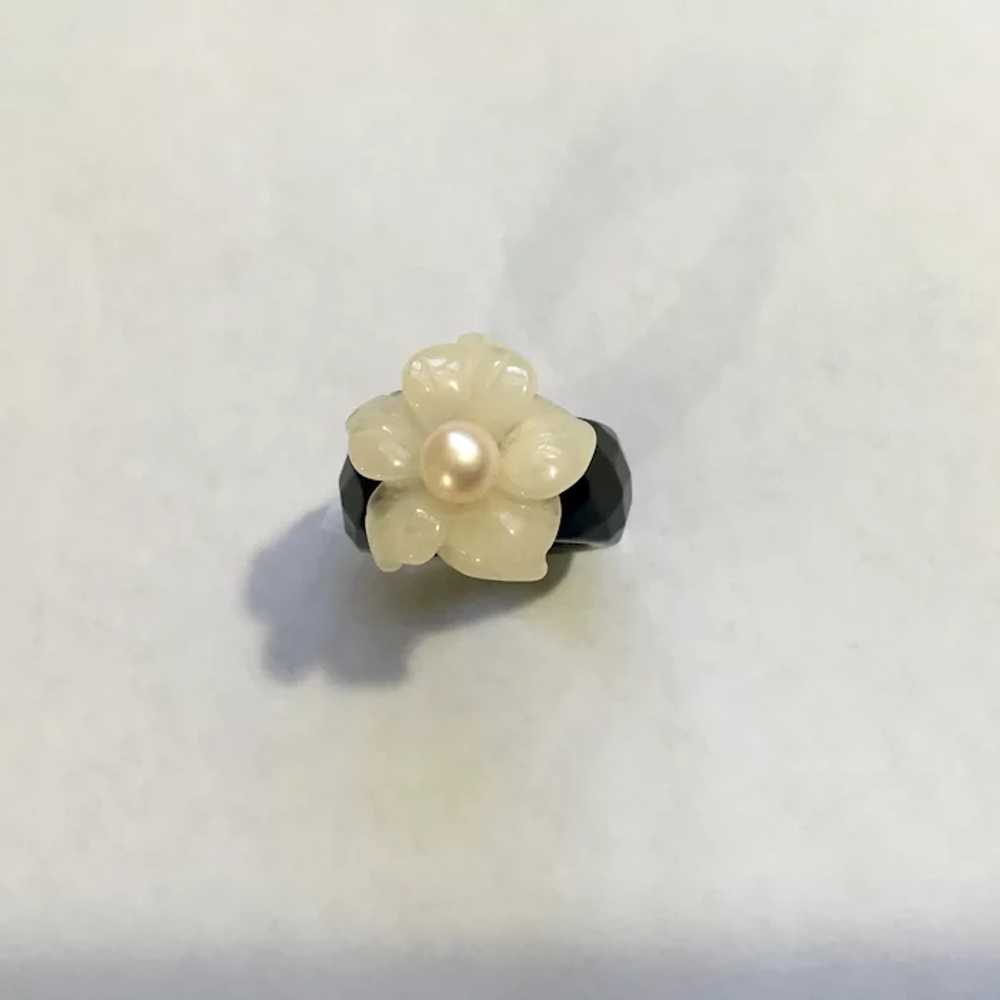 Pearl on Carved Glass Flower and Black Glass Ring… - image 2