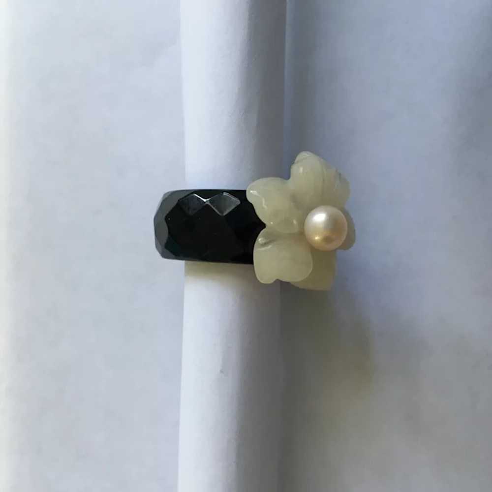 Pearl on Carved Glass Flower and Black Glass Ring… - image 4