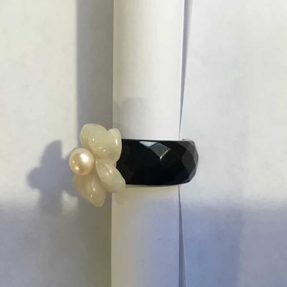 Pearl on Carved Glass Flower and Black Glass Ring… - image 5