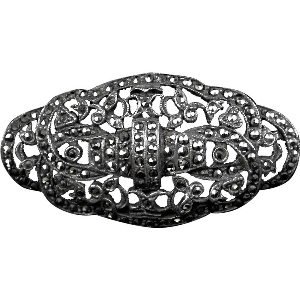 Art Deco Sterling Marcasite Pin Brooch - image 1