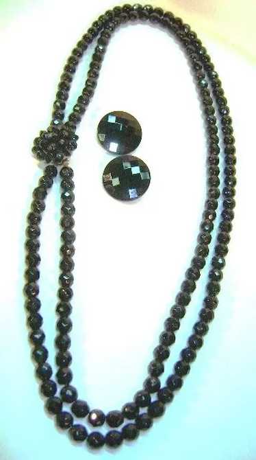 VINTAGE Two Strand Black Glass Necklace and Button