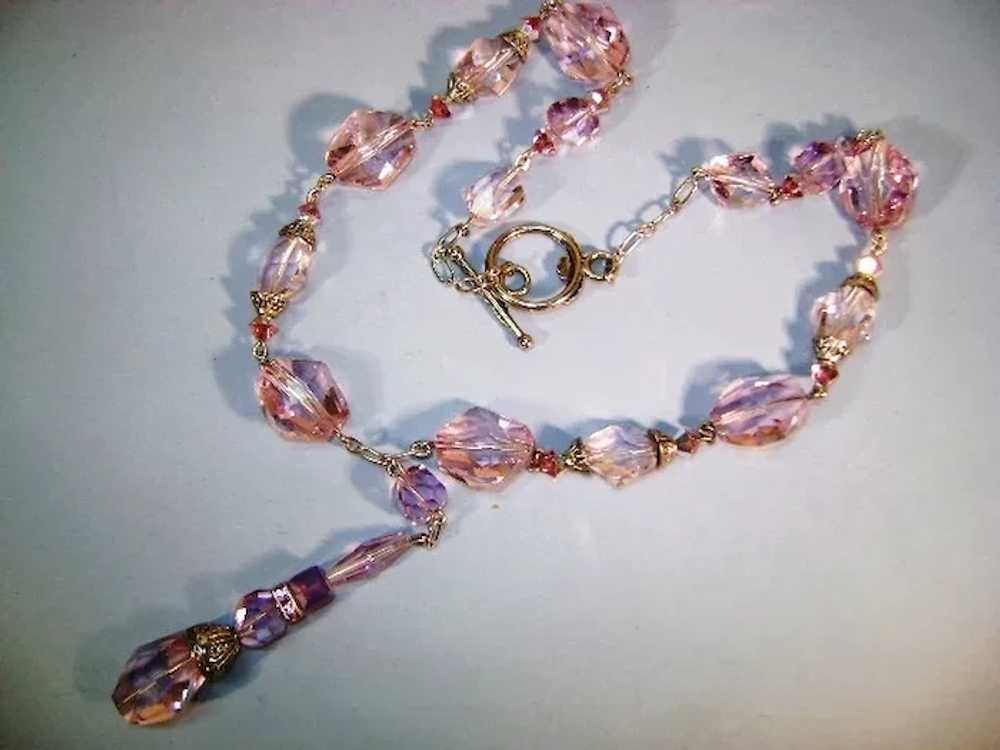 VINTAGE Pink-lavender Crystal Necklace 3 inch drop - image 1