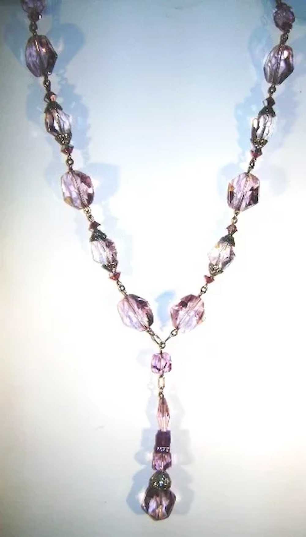 VINTAGE Pink-lavender Crystal Necklace 3 inch drop - image 2