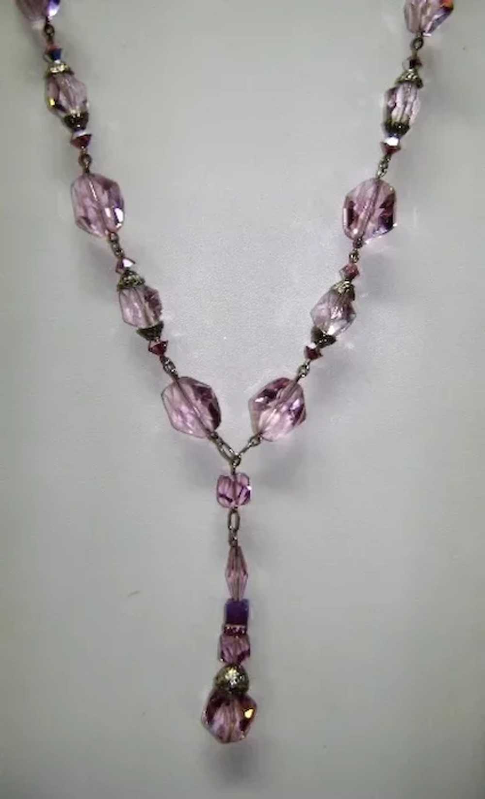 VINTAGE Pink-lavender Crystal Necklace 3 inch drop - image 3