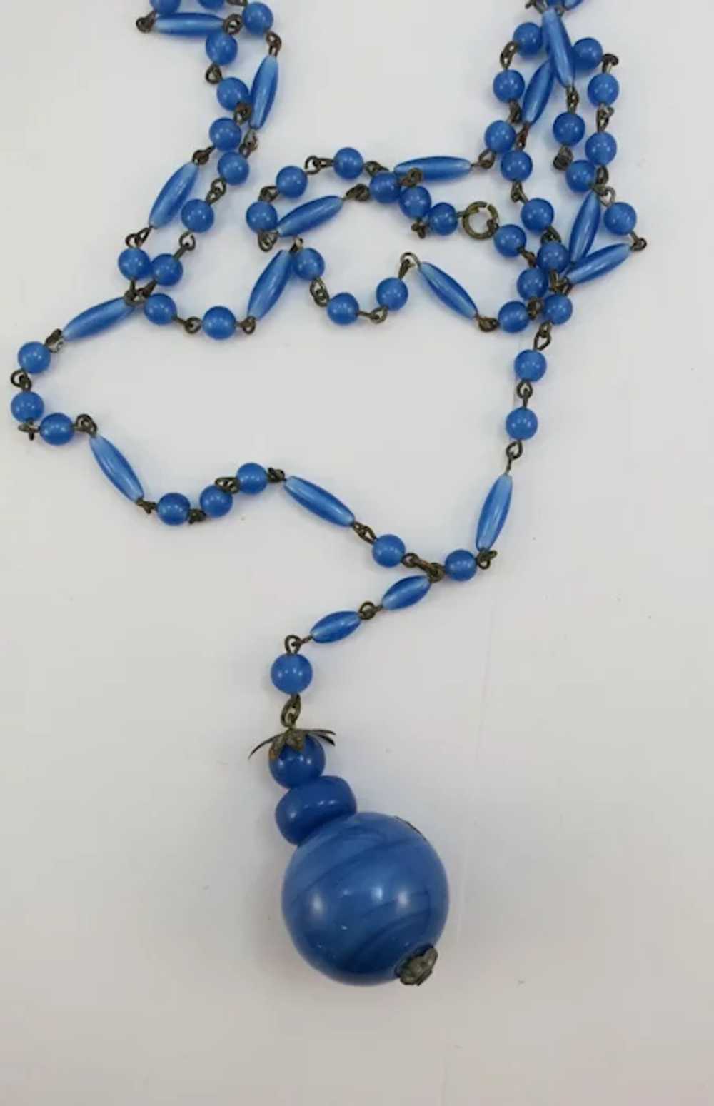 VINTAGE Blue Glass Bead Necklace with Glass MO_JO - image 2