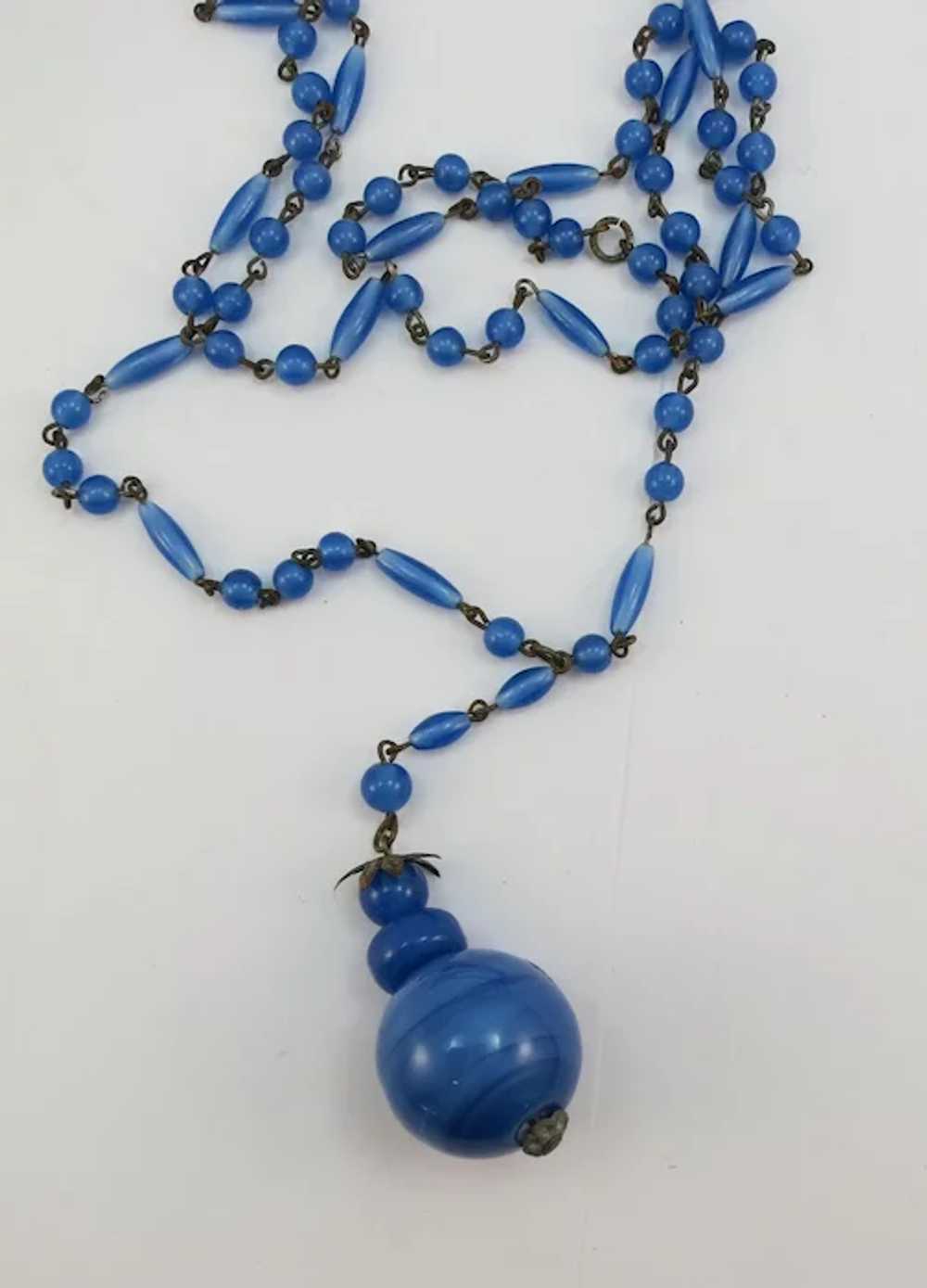 VINTAGE Blue Glass Bead Necklace with Glass MO_JO - image 3
