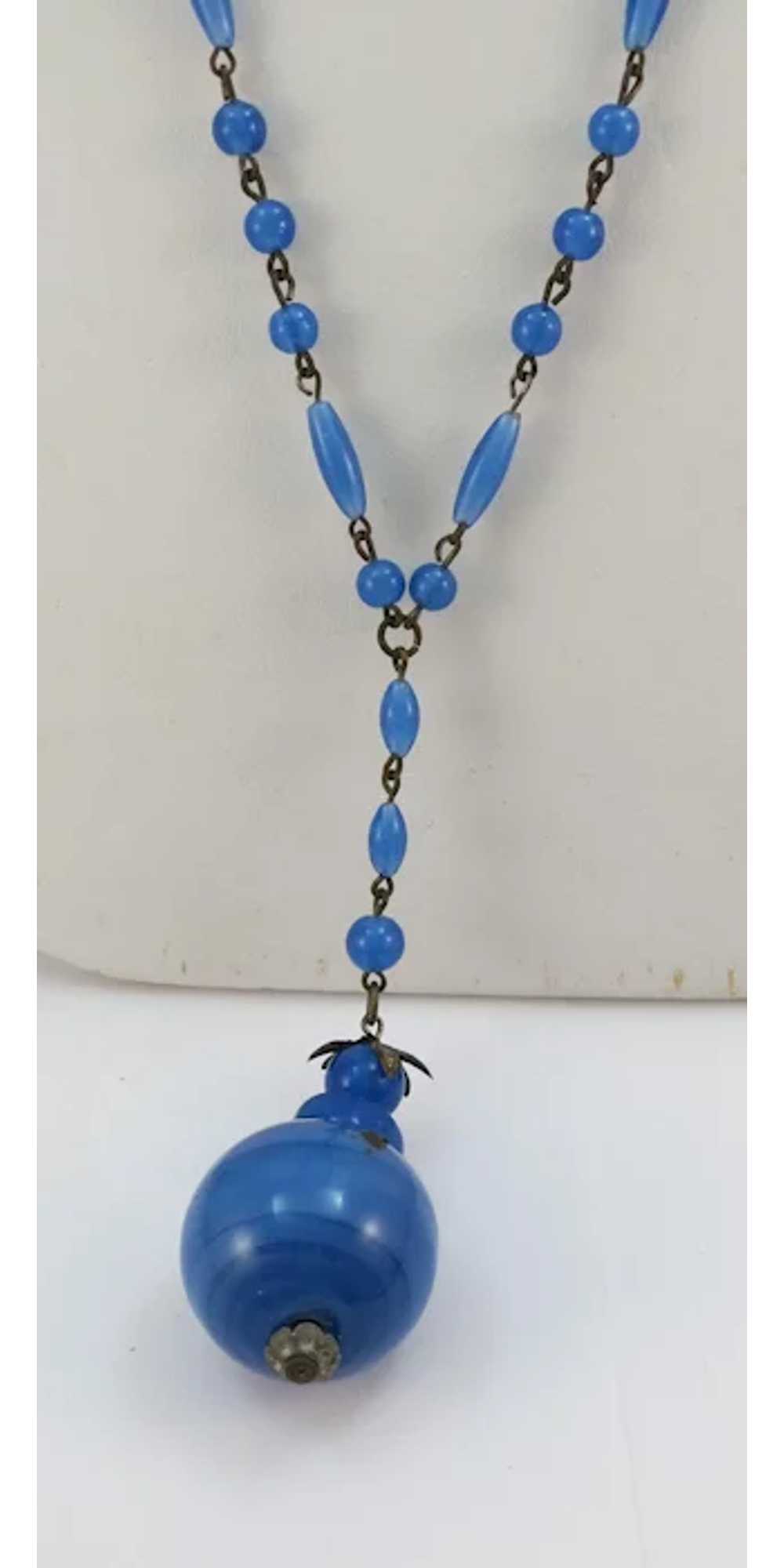 VINTAGE Blue Glass Bead Necklace with Glass MO_JO - image 4