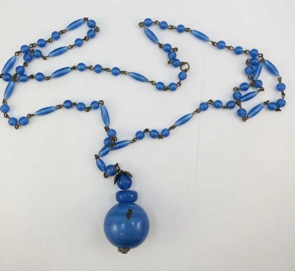 VINTAGE Blue Glass Bead Necklace with Glass MO_JO - image 5