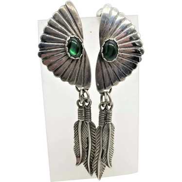 VINTAGE  Feather Earrings With Green Stone - image 1