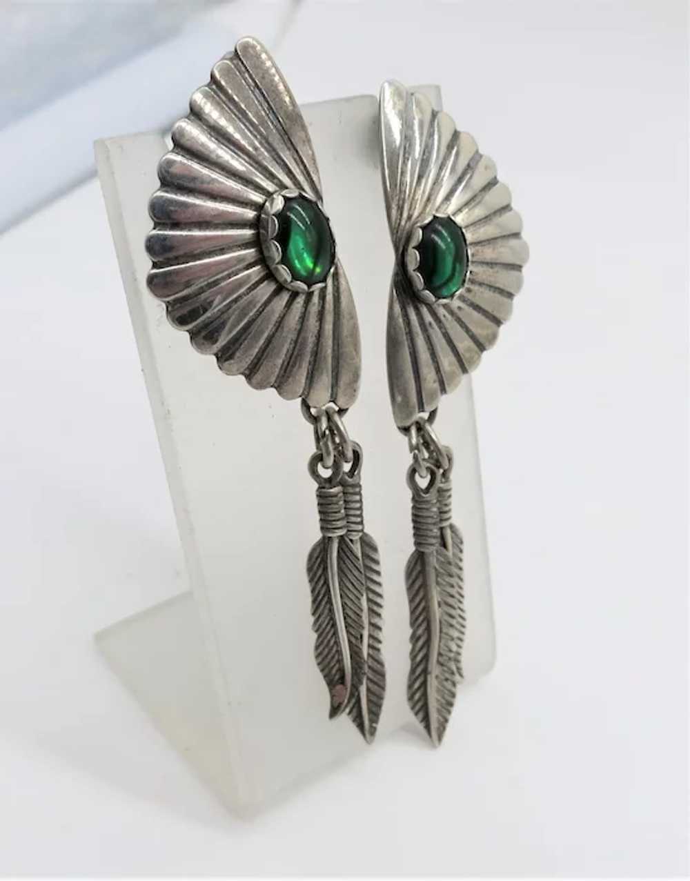 VINTAGE  Feather Earrings With Green Stone - image 6