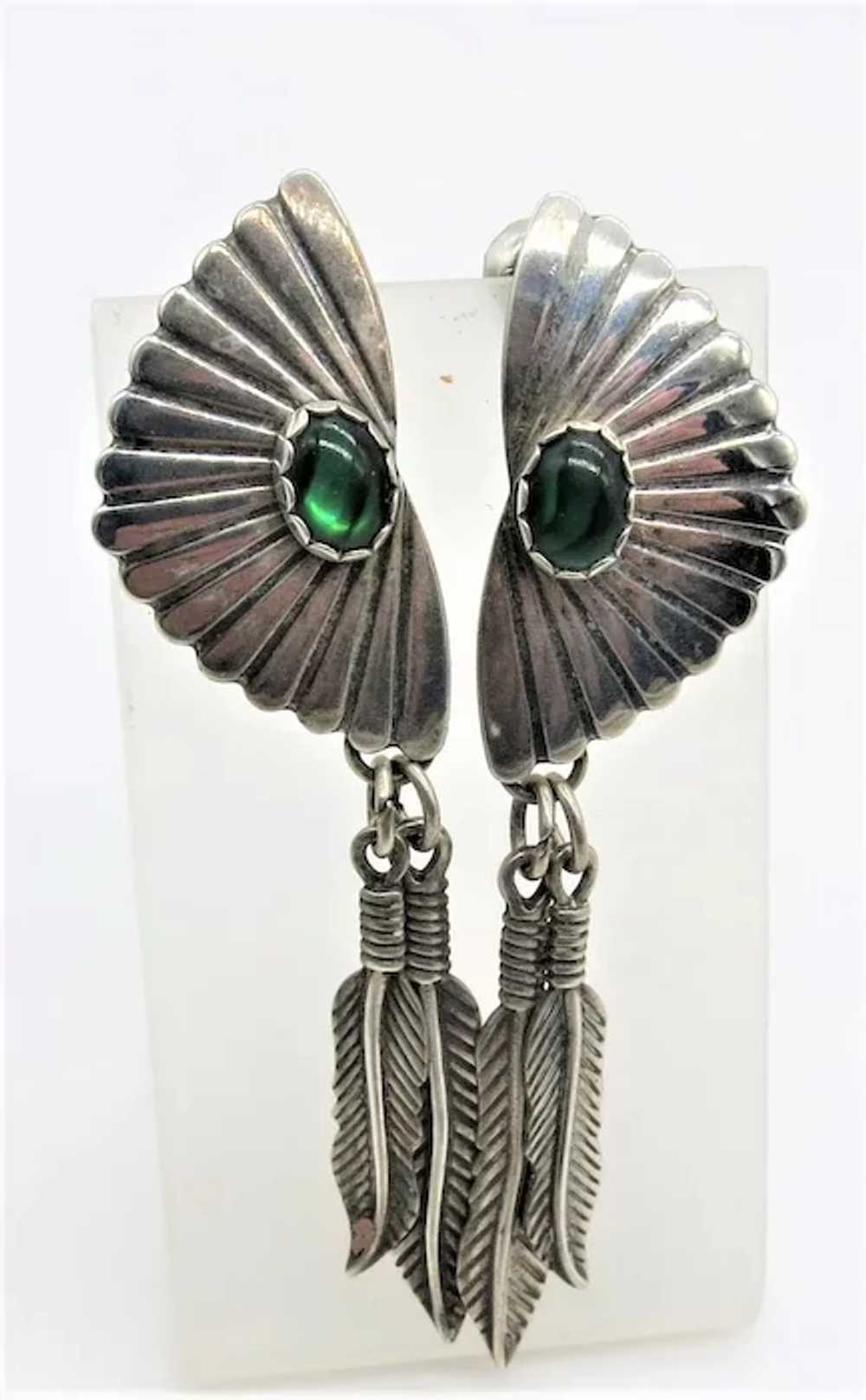 VINTAGE  Feather Earrings With Green Stone - image 7