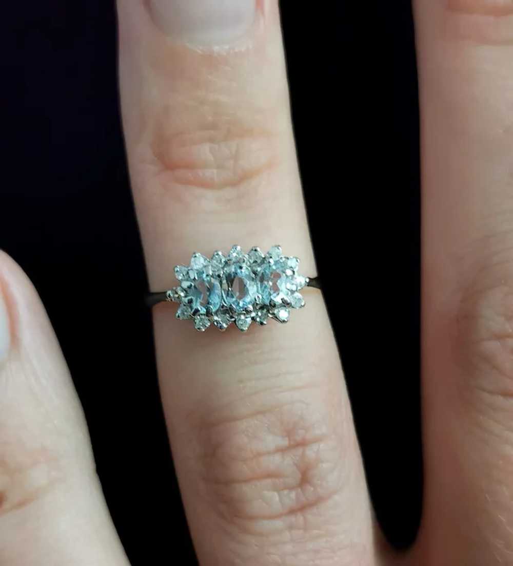 Vintage Aquamarine and diamond ring, three stone … - image 10