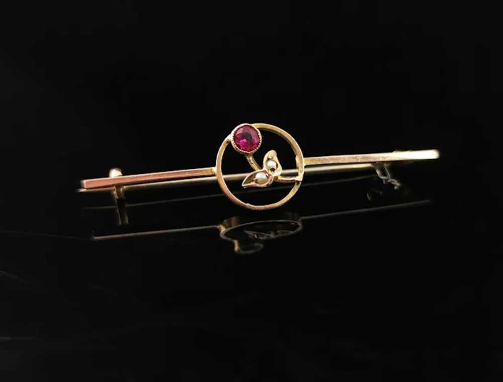 Antique 9k gold bar brooch, floral, Ruby paste an… - image 11