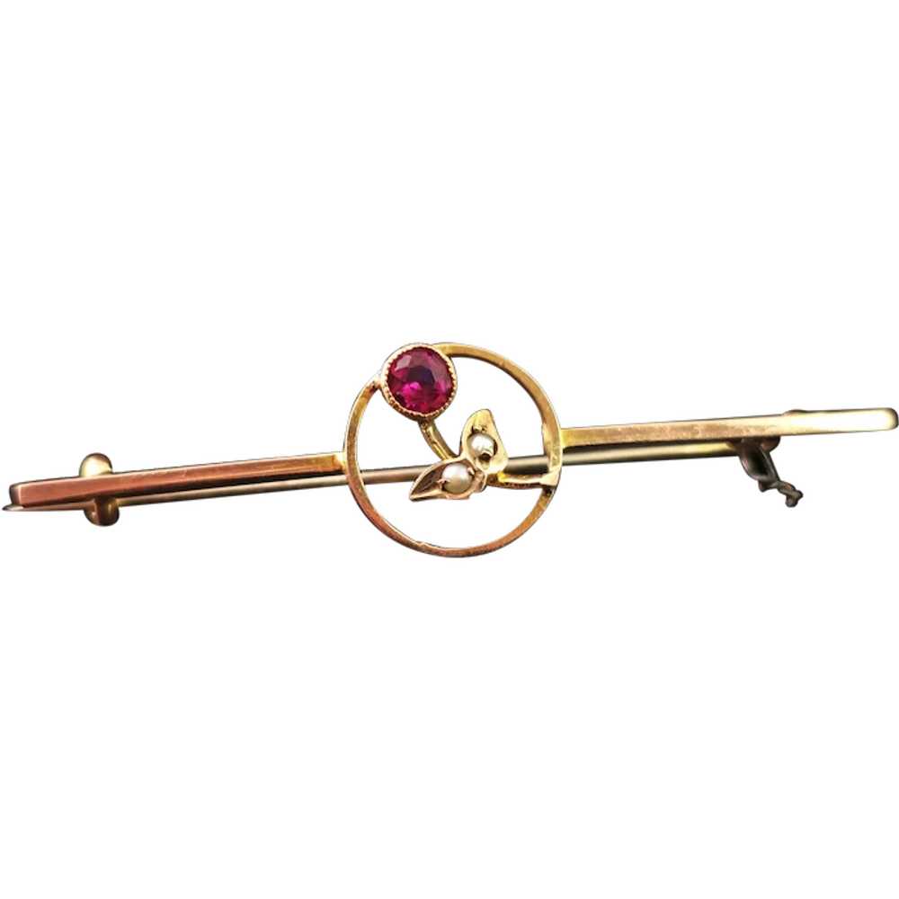 Antique 9k gold bar brooch, floral, Ruby paste an… - image 1