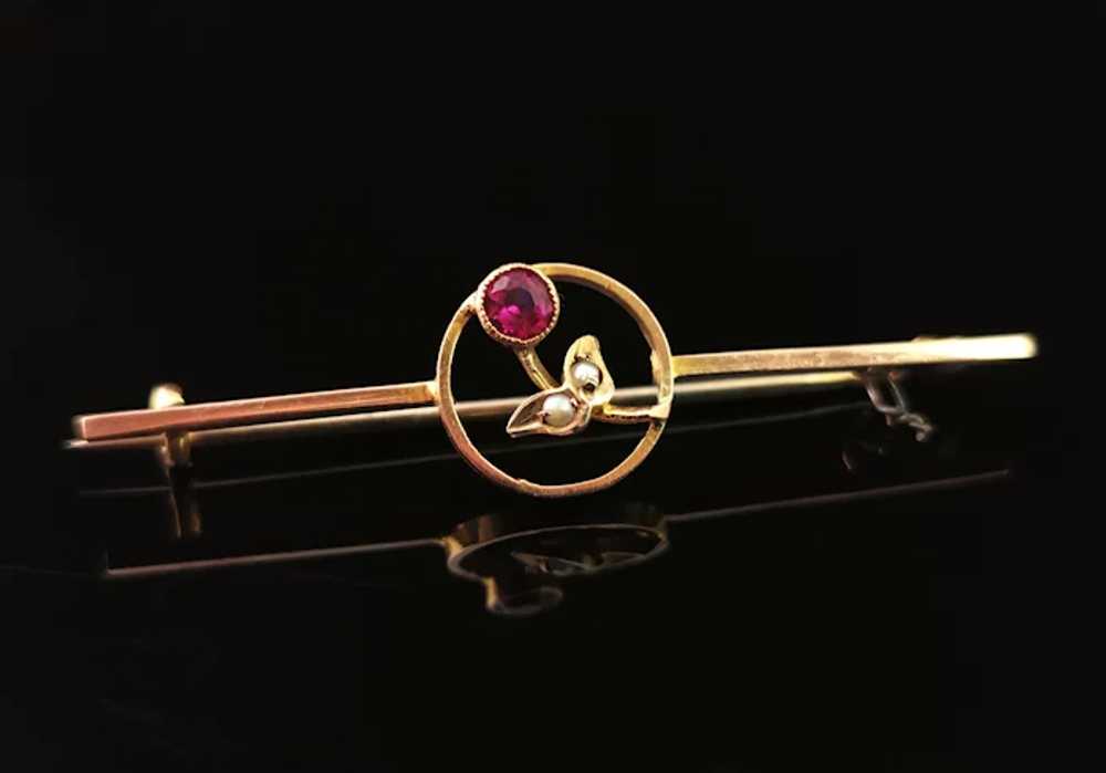 Antique 9k gold bar brooch, floral, Ruby paste an… - image 2