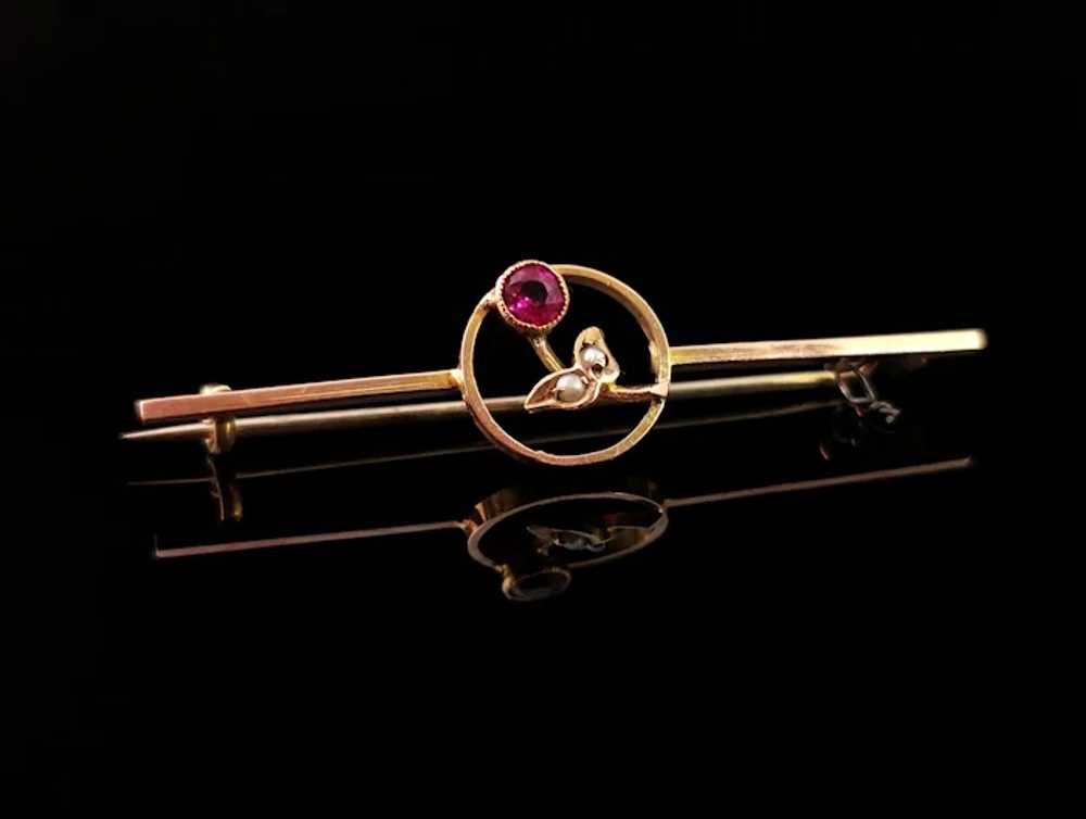 Antique 9k gold bar brooch, floral, Ruby paste an… - image 3