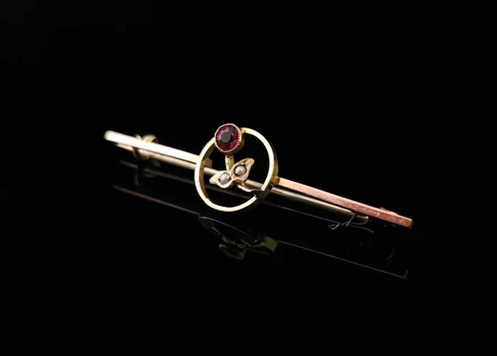 Antique 9k gold bar brooch, floral, Ruby paste an… - image 4