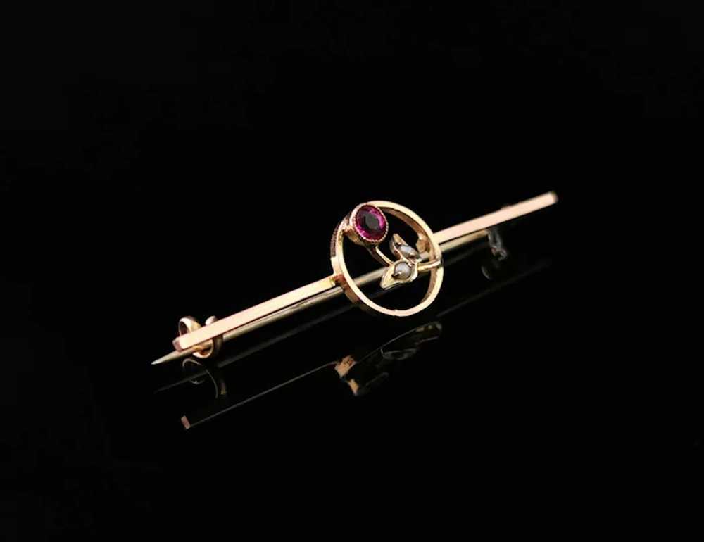 Antique 9k gold bar brooch, floral, Ruby paste an… - image 5