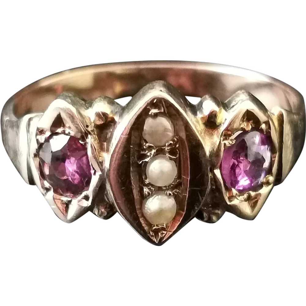 Antique Victorian Amethyst and seed pearl navette… - image 1