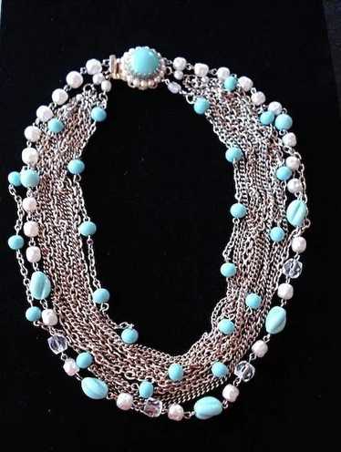 Faux Turqouise, Glass Pearl & Chain Necklace