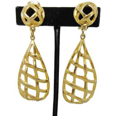 Large Gold Tone Basket Pattern Earrings