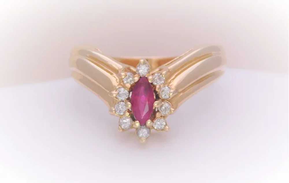 Vintage 14k AA Ruby and Diamond Halo “V” Ring - image 2