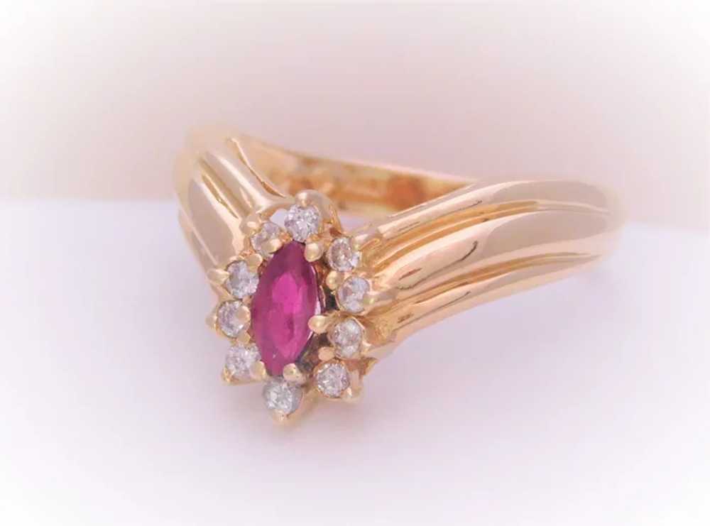 Vintage 14k AA Ruby and Diamond Halo “V” Ring - image 4