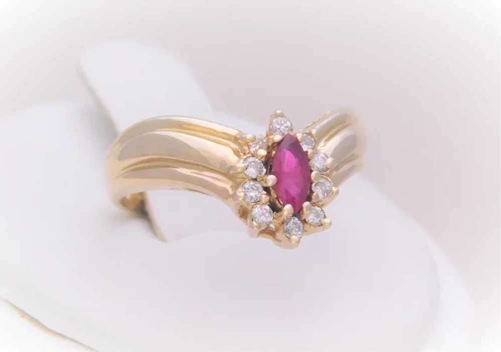 Vintage 14k AA Ruby and Diamond Halo “V” Ring - image 6