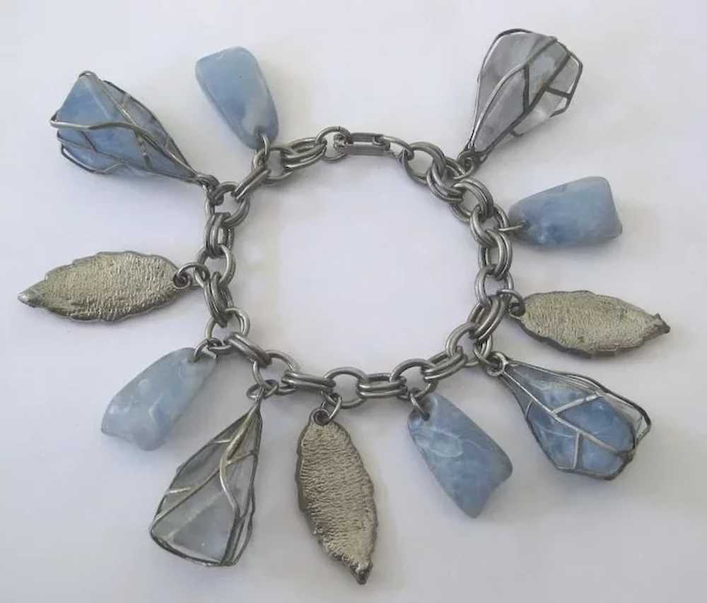 Vintage Blue Caged Bead Charm Bracelet With Leaves - image 2