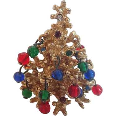 Vintage Christmas Tree Pin Dangle Beads and Rhine… - image 1