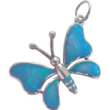 Sterling And Lab Opal Butterfly Pendant Or Charm - image 1