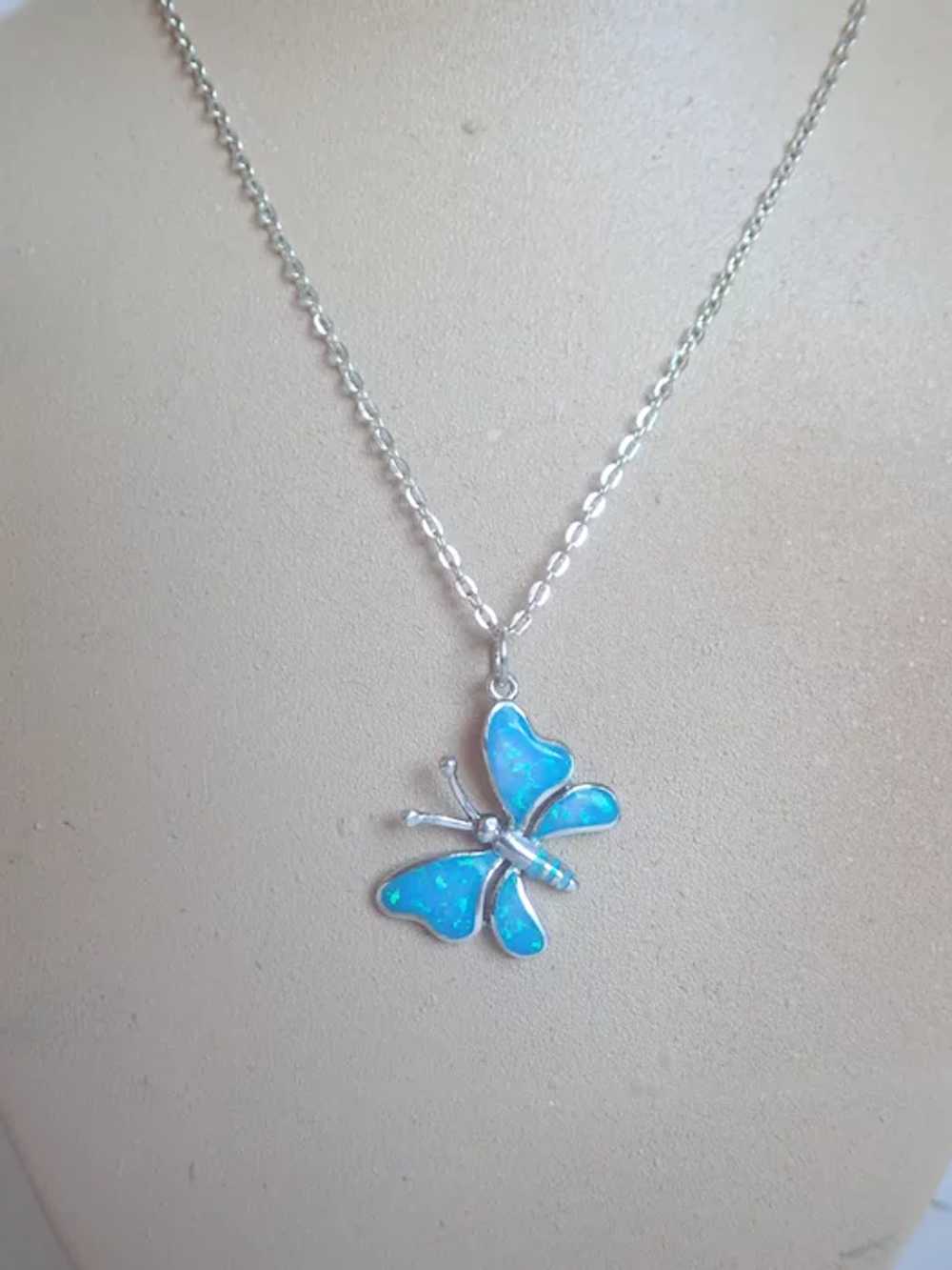 Sterling And Lab Opal Butterfly Pendant Or Charm - image 2