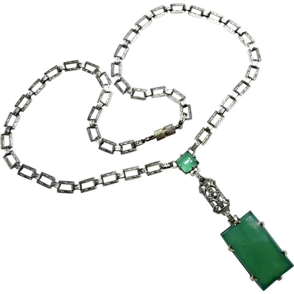 Art Deco Chrysoprase Sterling Necklace! - image 1