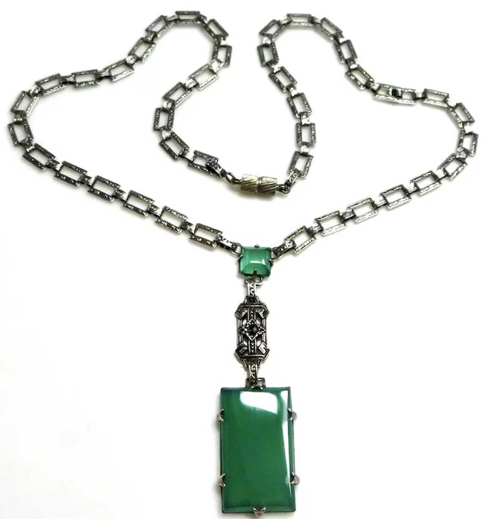 Art Deco Chrysoprase Sterling Necklace! - image 2