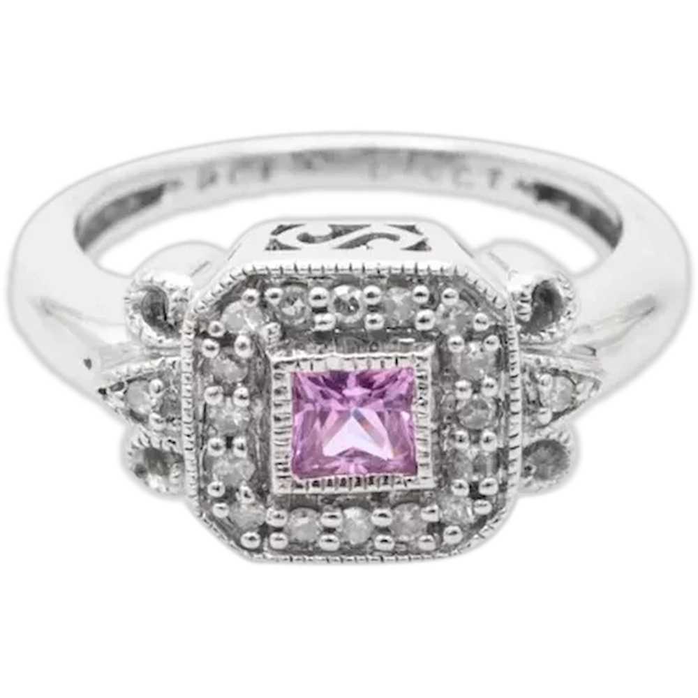 Vintage 9ct White Gold Pink Topaz & Diamonds Squa… - image 1