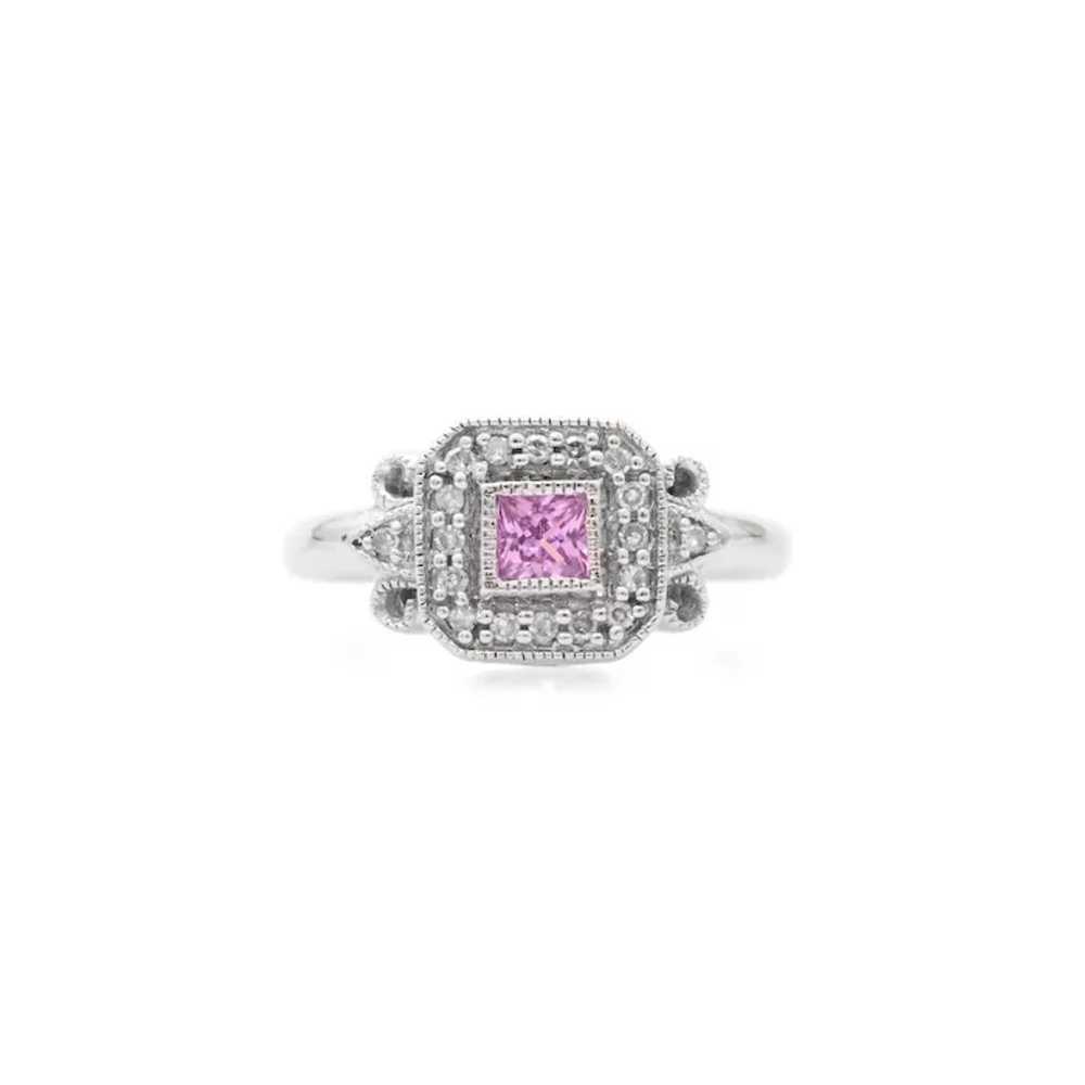 Vintage 9ct White Gold Pink Topaz & Diamonds Squa… - image 2