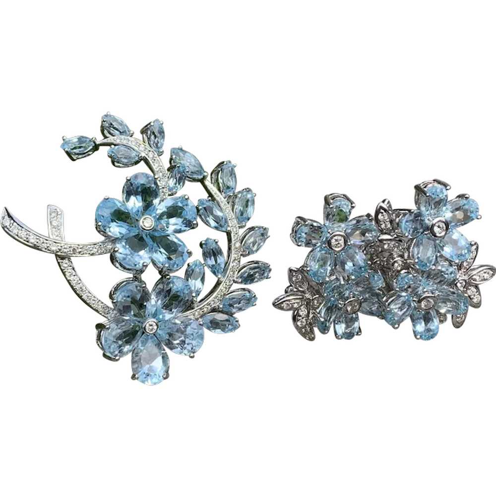 18K White Gold and Blue Topaz Pin and Earring Set - image 1