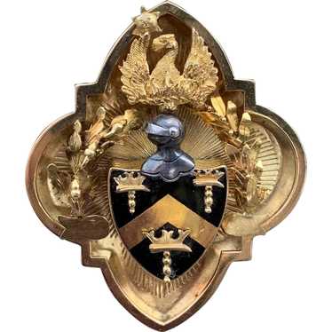Victorian Gold and Onyx Shield Crest Brooch