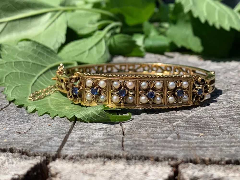 14K Yellow Gold Sapphire and Pearl Bangle - image 10