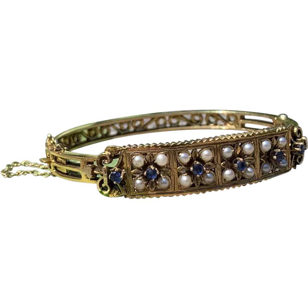 14K Yellow Gold Sapphire and Pearl Bangle - image 1