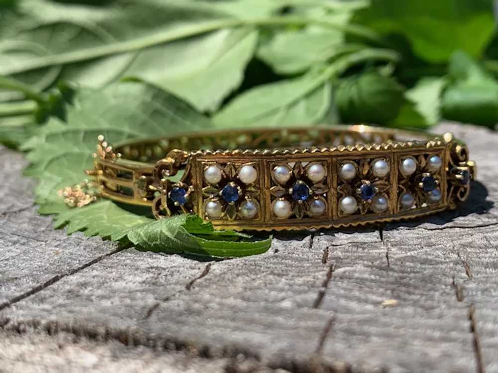 14K Yellow Gold Sapphire and Pearl Bangle - image 6