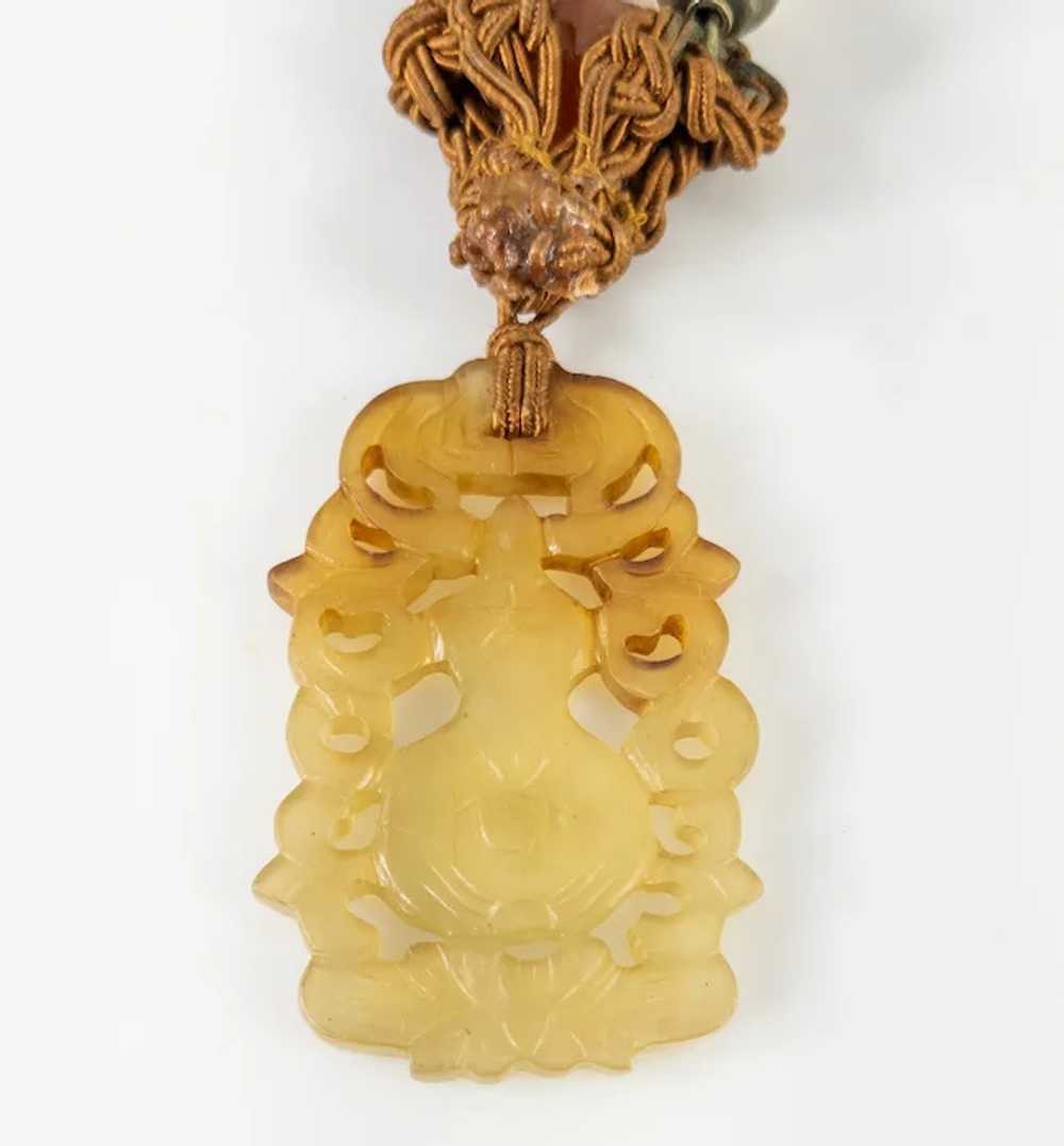 Chinese Carved Soapstone Pendant with Carnelian B… - image 3