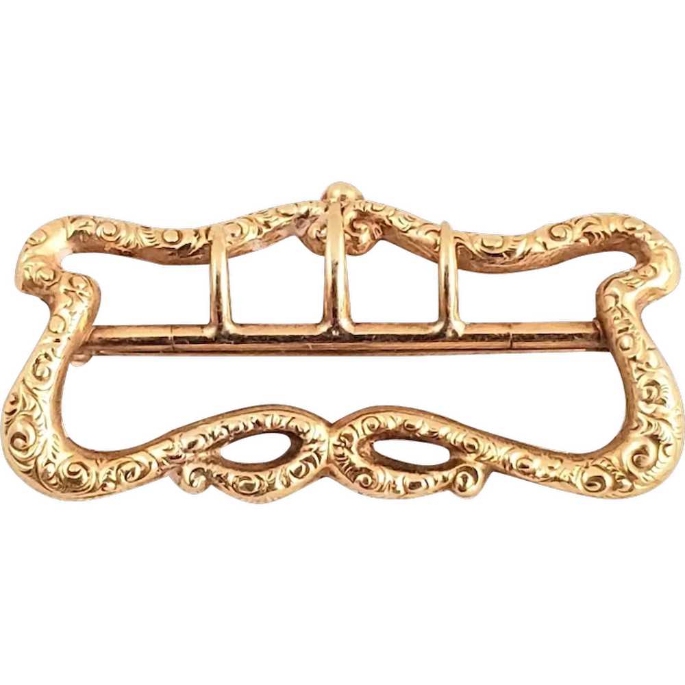 14K Gold Ornate Victorian Buckle Fob Pin - image 1