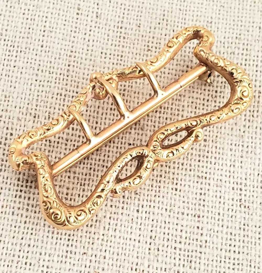 14K Gold Ornate Victorian Buckle Fob Pin - image 2