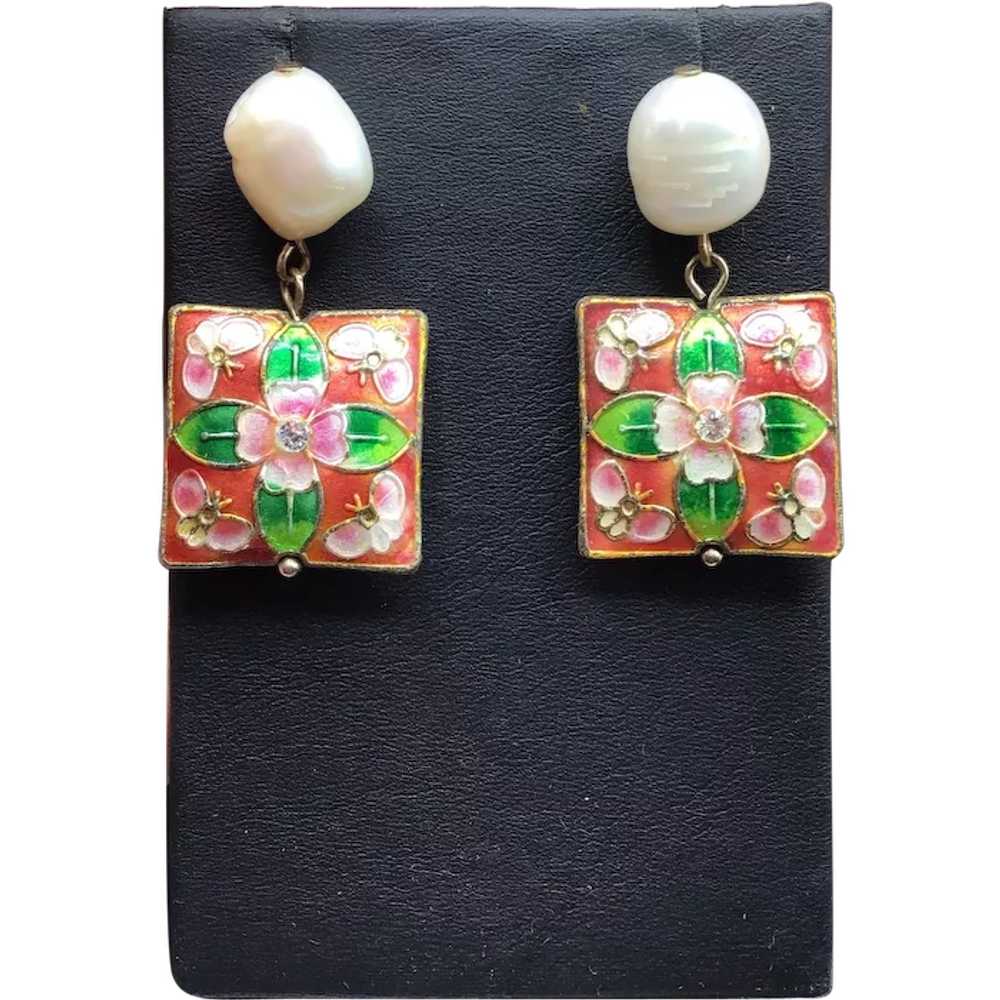 Pearls Dangle Earrings Cloisonne Enameled Square … - image 1
