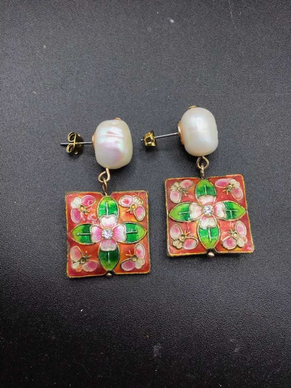 Pearls Dangle Earrings Cloisonne Enameled Square … - image 2